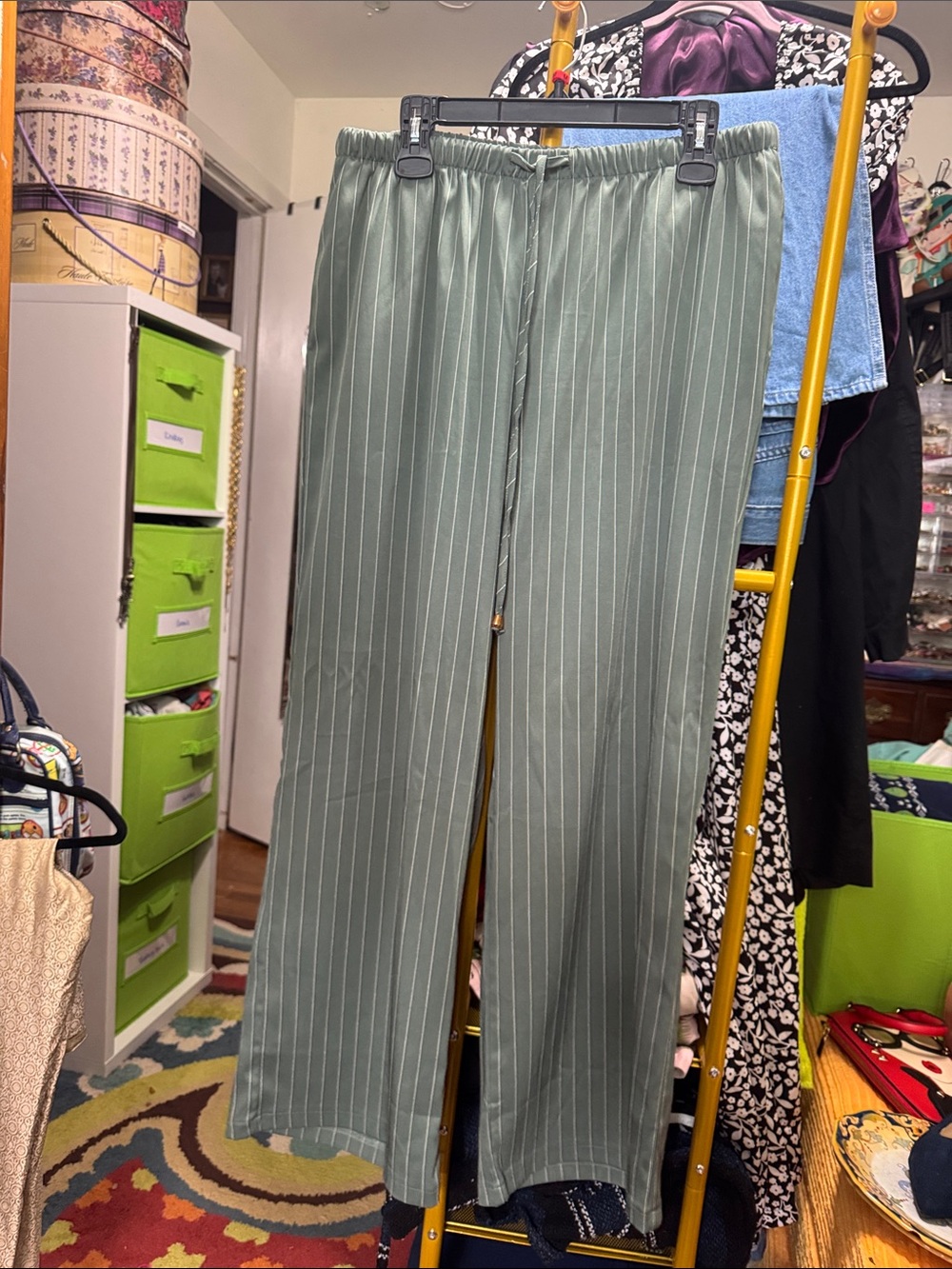 Women’s Green Pinstripe Elastic-Waist Pants-make me an offer!